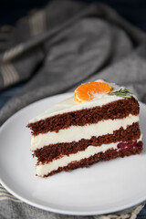 A piece of chocolate cake with vanilla cream. Berries inside and a piece of tangerine on top.