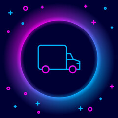 Glowing neon line Delivery cargo truck vehicle icon isolated on black background. Colorful outline concept. Vector