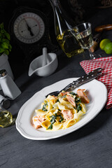 Tagliatelle with salmon and spinach in a cream sauce