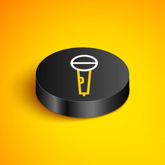 Isometric line Microphone icon isolated on yellow background. On air radio mic microphone. Speaker sign. Black circle button. Vector