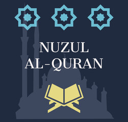 Illustration of al quran and blur mosque background icon with text NUZUL AL QURAN (in malay).