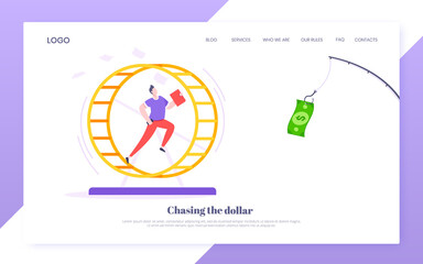 Rat race business concept with businessman running after rod dangling dollar in the hamster wheel working hard, always busy flat style design vector illustration. Tired workaholic in the loop routine.
