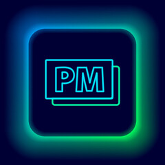 Glowing neon line Clock PM icon isolated on black background. Time symbol. Colorful outline concept. Vector