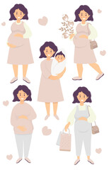 Vector set of Motherhood and Pregnancy. Happy pregnant woman hugs her belly with her hands, with a bouquet of flowers, with a newborn baby, bags, in a dress and trousers. flat illustration