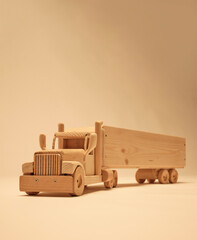 Handmade truck with natural wood. Concept of ecology and nature. Low-emission transport concept.