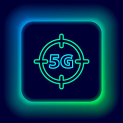 Glowing neon line 5G new wireless internet wifi connection icon isolated on black background. Global network high speed connection data rate technology. Colorful outline concept. Vector