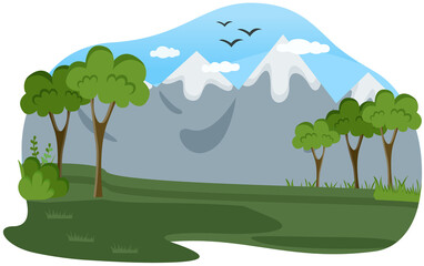 Mountain and coniferous forest flat color vector illustration. Green hill and tall trees. Wild summer nature scenery. Cartoon peaceful landscape with woodland and mountains with plants on background