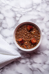 top view of lentils with chorizo