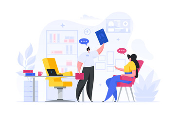 Vector illustration of male medical practitioner showing scan to female patient and explaining diagnosis during appointment in office of modern hospital