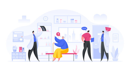 Colorful vector illustration of male doctors discussing medical conditions with patients while standing and working in corridor of modern clinic