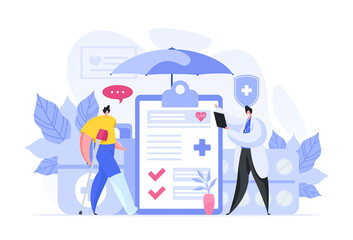 Colorful vector illustration of male medical practitioner with clipboard explaining prescription to man with broken leg during work in hospital