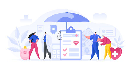 Colorful vector illustration of male doctor and nurse offering health insurance to female and elderly patients during work in clinic