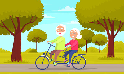 Family walking in city park and riding pair bike together. Elderly people on funny walk outdoors. Characters ride tandem around city. Joint pastime in open area against background of green trees