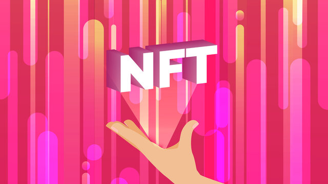 Vector illustration banner with NFT tokens and holding a hand. Non-fungible unique cryptocurrency. Bright red background in horizontal format