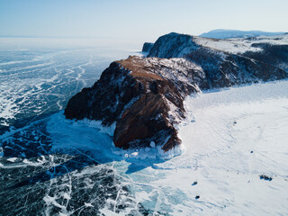 view from the drone on Cape Khoboy of Olkhon Island. A journey through the winter Baikal Siberia Russia.