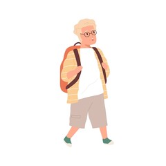 Surprised and shocked boy walking and staring at smth with open mouth. Amazed child with funny face expression. Kid's reaction to smth amazing. Colored flat vector illustration isolated on white