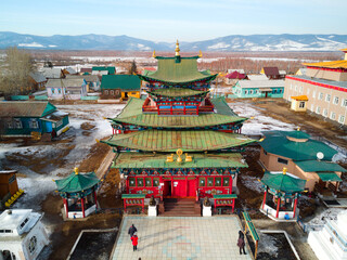 a drone view of the Ivolginsky Datsan, the main Buddhist monastery in Russia. Travel to Siberia.