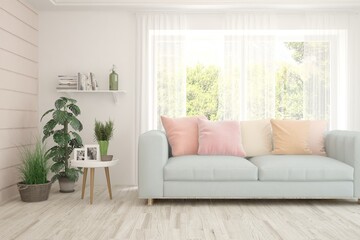 White living room with sofa and summer landscape in window. Scandinavian interior design. 3D illustration