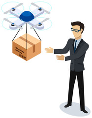 Man in business suit received package from drone. Drone delivery and shipment concept. Transportation of goods with innovative technology. Worldwide delivery. Businessman picks up box from quadcopter