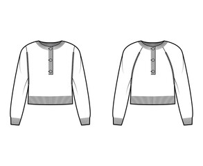 Set of Polo cropped Sweaters technical fashion illustration with rib henley neck, classic collar, long raglan sleeves, knit trim. Flat apparel front, white color style. Women, men CAD mockup