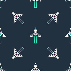 Line Wind turbine icon isolated seamless pattern on black background. Wind generator sign. Windmill for electric power production. Vector