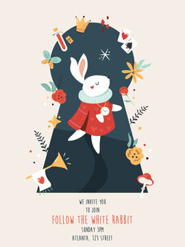 Party invitation with white rabbit and other symbols of Alice in Wonderland