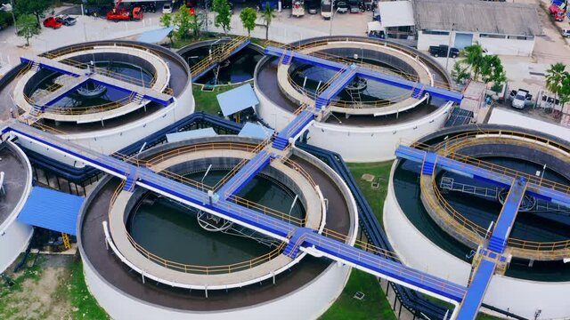 4K Aerial drone top down view clarifier sedimentation tank. Aerial view Water treatment plant. Top view of recirculation solid contact clarifier sedimentation tank