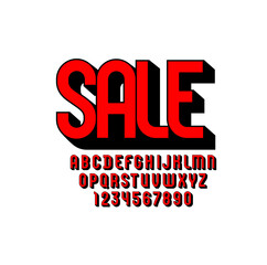3D red Font, trendy modern alphabet, condensed letters and numbers, vector illustration 10EPS
