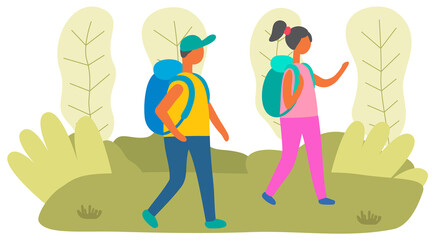 Young people with backpacks. Holiday vacation travel or back to school concept. Schoolchildren with backpacks are walking in park. Students spend time together in nature vector illustration