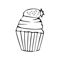Cupcake with strawberries on top. Hand drawn vector illustration