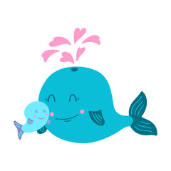 Cute funny whales and pink hearts. Mom and baby. Vector illustration, isolated on a white background. Scandinavian style flat design. Concept for children print.