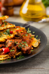 Hungarian potato pancake with goulash