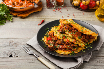 Hungarian potato pancake with goulash