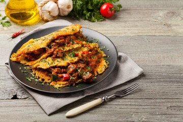 Hungarian potato pancake with goulash