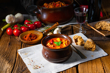 Hungarian goulash soup in a cauldron or pot