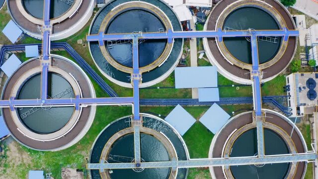 4K Aerial drone top down view clarifier sedimentation tank. Aerial view Water treatment plant. Top view of recirculation solid contact clarifier sedimentation tank