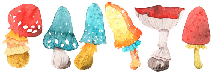 Watercolor set of a bright mushrooms.  Collection of hand-drawn cozy elements for you design.