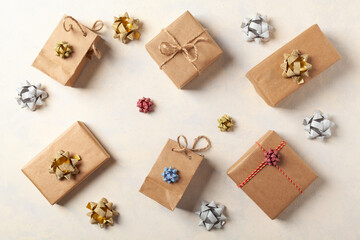 Gift Wrapping. A bright background with packaging accessories and gifts. Creative composition. Place for description. Top view.