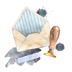 Watercolor illustration with vintage envelope. Hand painted illustration for pattern, background, cards, textures, decor or stickers.