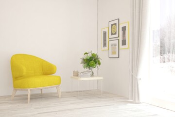 Obraz na płótnie Canvas White living room with armchair. Scandinavian interior design. 3D illustration
