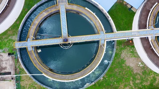 4K Aerial drone top down view clarifier sedimentation tank. Aerial view Water treatment plant. Top view of recirculation solid contact clarifier sedimentation tank