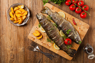 Grilled whole trout. Served with baked potatoes.
