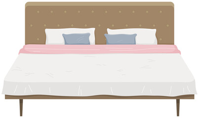 Double wooden bed in flat design for bedroom, hotel room. Cartoon furniture icon isolated on white background. Animated house equipment. Bedroom interior element. Bed with sheet, pillows and blanket
