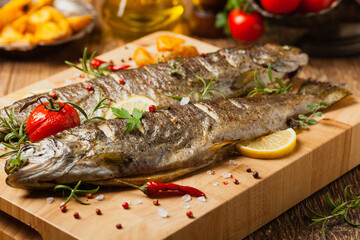 Grilled whole trout. Served with baked potatoes.