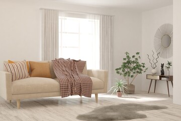 Soft color living room with sofa. Scandinavian interior design. 3D illustration