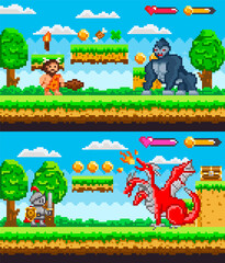 Obraz na płótnie Canvas Pixelated game background with warrior caveman holding wooden club fighting against big gorilla. Knight with shield and sword battling against red three-headed dragon. Pixel characters scenes set