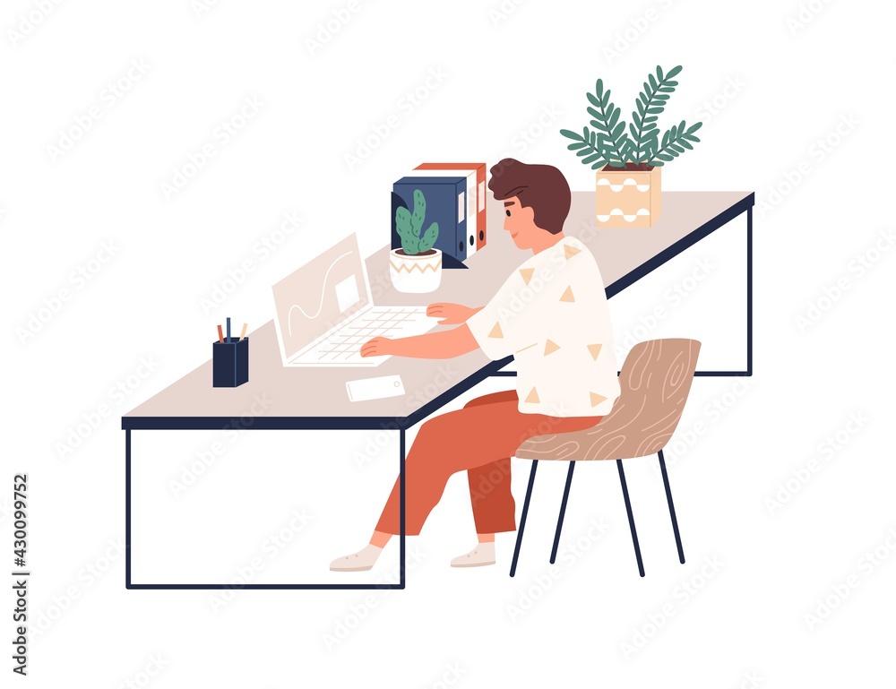 Poster young happy man working with laptop at desk. office worker sitting on chair at table. scene with emp