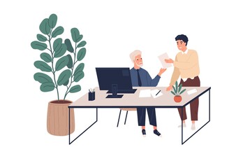People during business communication in modern office. Colleagues working together with documents. Boss and employee at workplace. Colored flat vector illustration isolated on white background