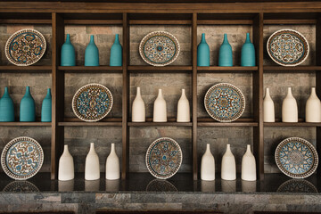 Traditional oriental bar interior design with wooden furniture, bottles, ornamental plates