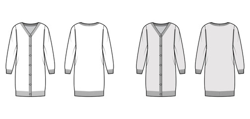 Cardigan dress Sweater technical fashion illustration with rib V- neck, long sleeves, button closure, relax fit, knit trim. Flat jumper front, back, white grey color style. Women men unisex CAD mockup